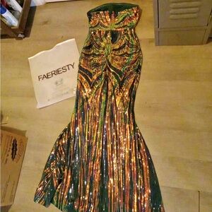 Faeriesty Strapless Green and Gold Dress